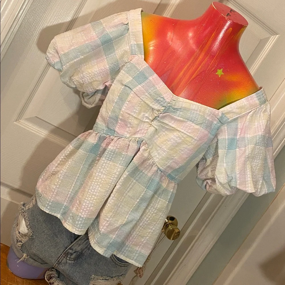 Old Navy Multicolor Plaid Puff Sleeve Blouse